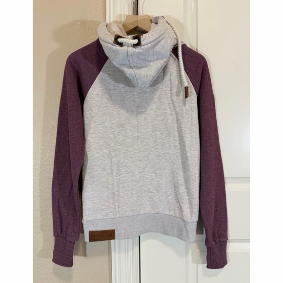 Naketano "Brave New World" Pullover Hoodie Heather Gray & Purple/Maroon Sleeves - Picture 7 of 14